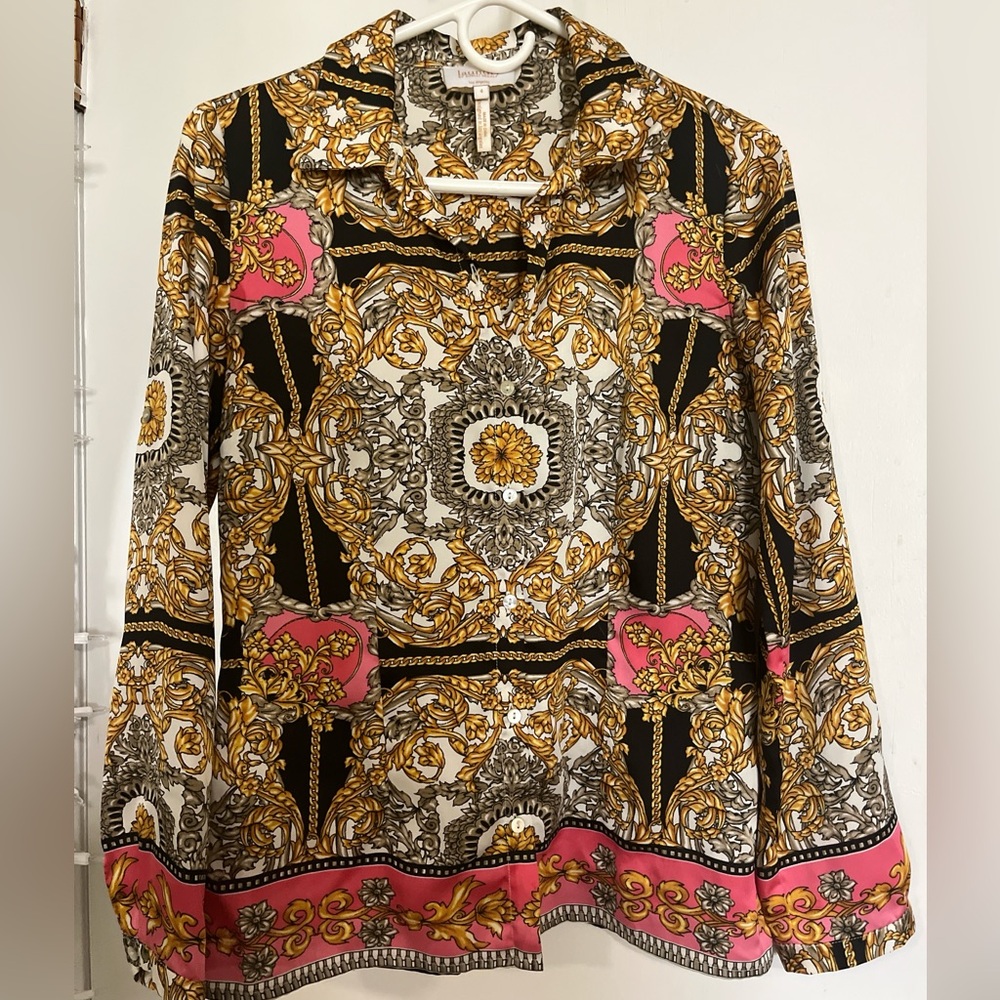 Laundry By Shelli Segal Gold Black Pink Print Long Sleeve Blouse
